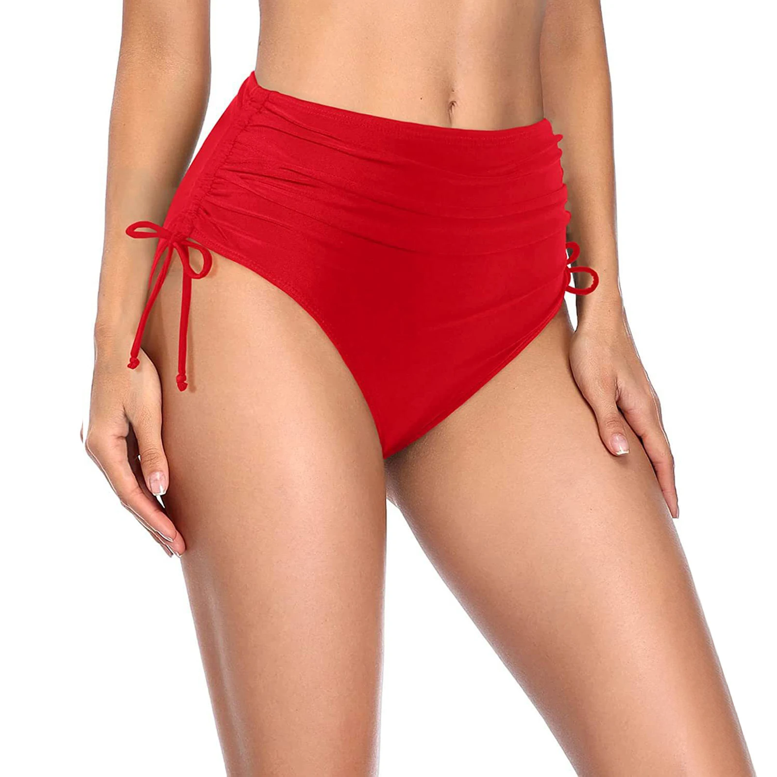 Basic Tight Swimming Bottoms for Female Solid Color High Waist Full Coverage Bikini Split Swimsuit Briefs Beach Drawstring Trunk thumbnail 2