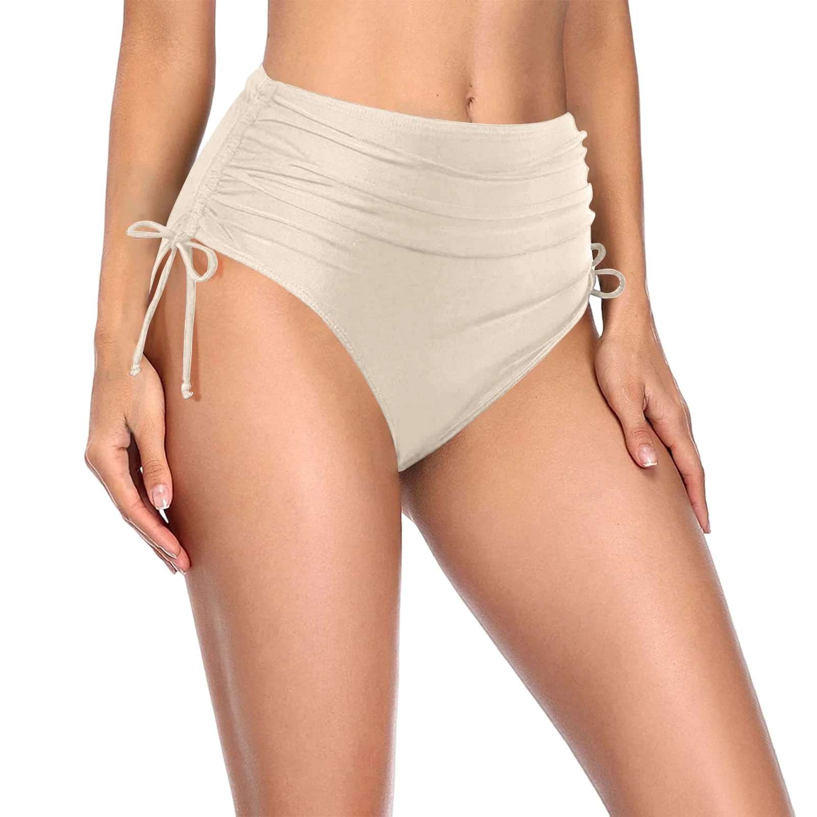 Basic Tight Swimming Bottoms for Female Solid Color High Waist Full Coverage Bikini Split Swimsuit Briefs Beach Drawstring Trunk thumbnail 3