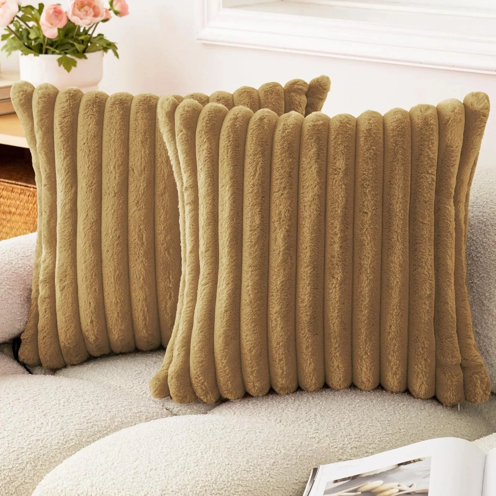 40x40 45x45 Faux Rabbit Fur Square Cushion Cover New Big Thick Striped Super Soft Solid Color Pillow Cover Sofa Decor Pillowcase thumbnail 5