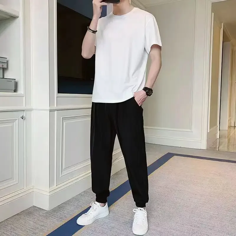 Summer Casual Fashionable Men's Set round Neck Short Sleeve Nine Points Pants Two Piece Set Street Style Versatile Loose Fit thumbnail 4