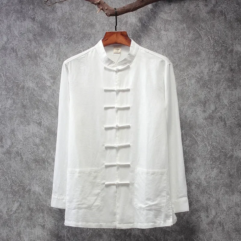 Long Sleeve Chinese Style Hanfu Men's Cotton Linen Top Shirt Casual Scene New Spring Autumn Fashion Men's Wear thumbnail 2