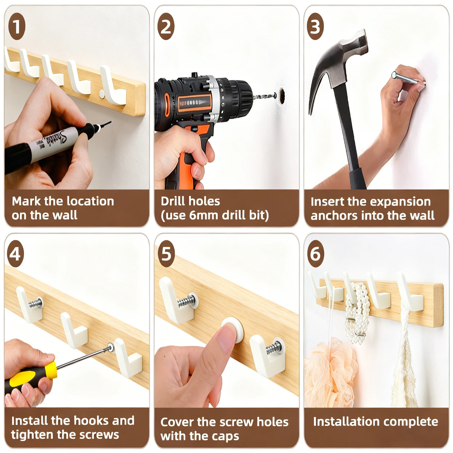 Walnut Wood Entryway Hooks Rustic Coat Hooks for Hanging Coats Hats Bags Keys Heavy Duty Natural Wood Wall Mounted Hooks thumbnail 6