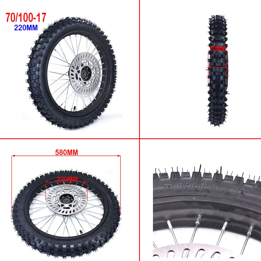 Front 70/100-17 Inch Motorcycle  Wheel 1.60-17 Steel Rim Circle Aluminum Hub 17" Dirt Tire For CRF KLX Kayo BSE Dirt Pit Bike thumbnail 3