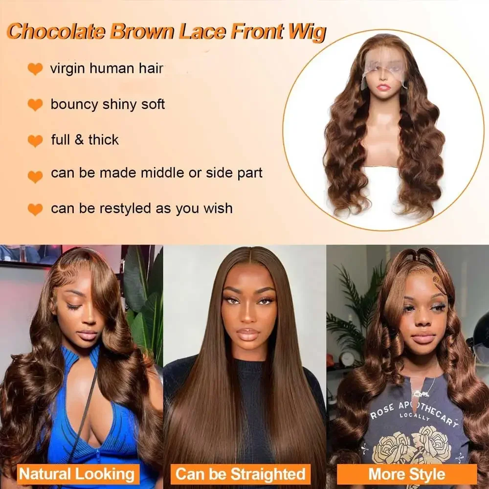 30 40 Inch Chocolate Brown Body Wave Human Hair Wigs 13X4 HD Lace Frontal WIgs For Women Colored Wet And Wavy Lace Front Wig thumbnail 5