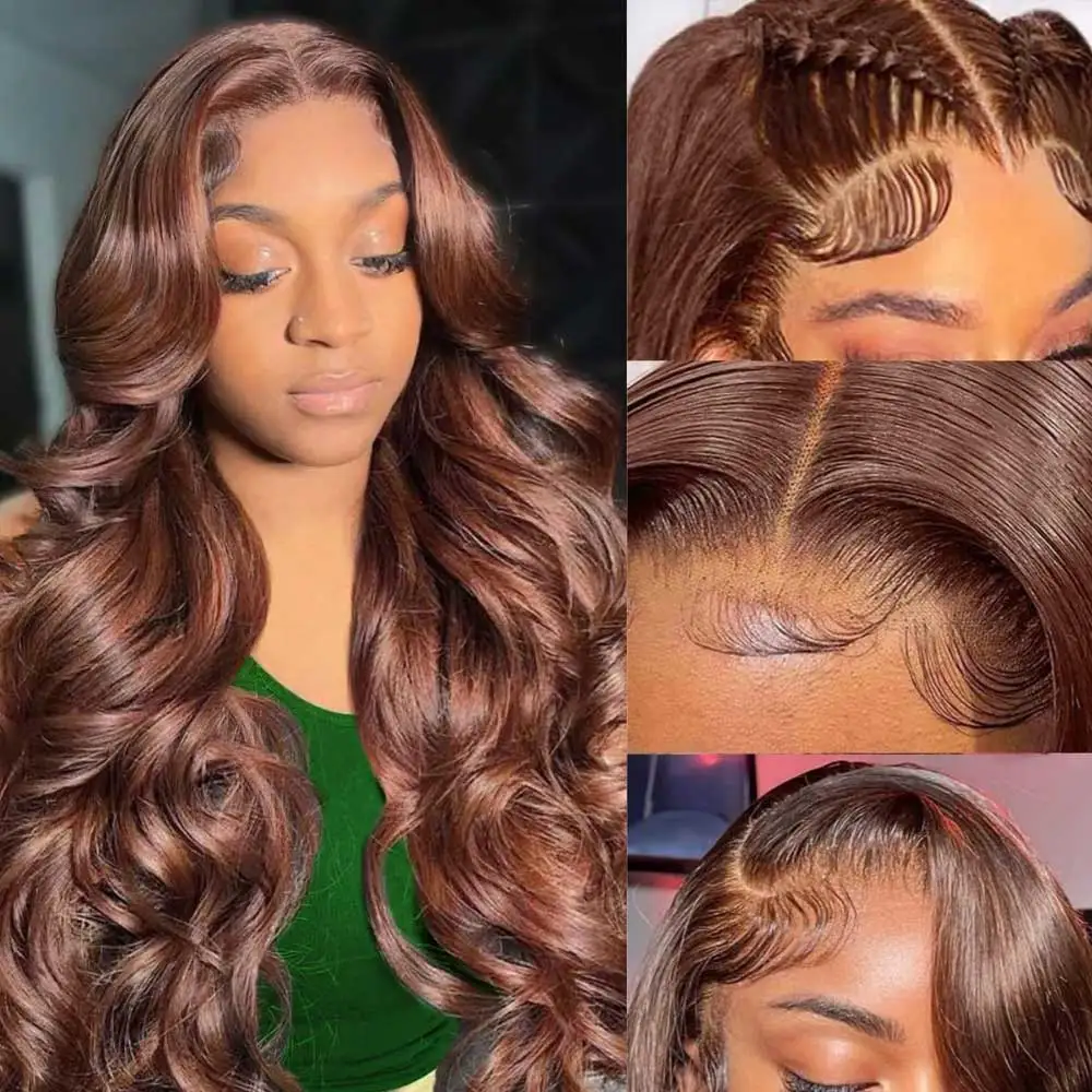 30 40 Inch Chocolate Brown Body Wave Human Hair Wigs 13X4 HD Lace Frontal WIgs For Women Colored Wet And Wavy Lace Front Wig thumbnail 2