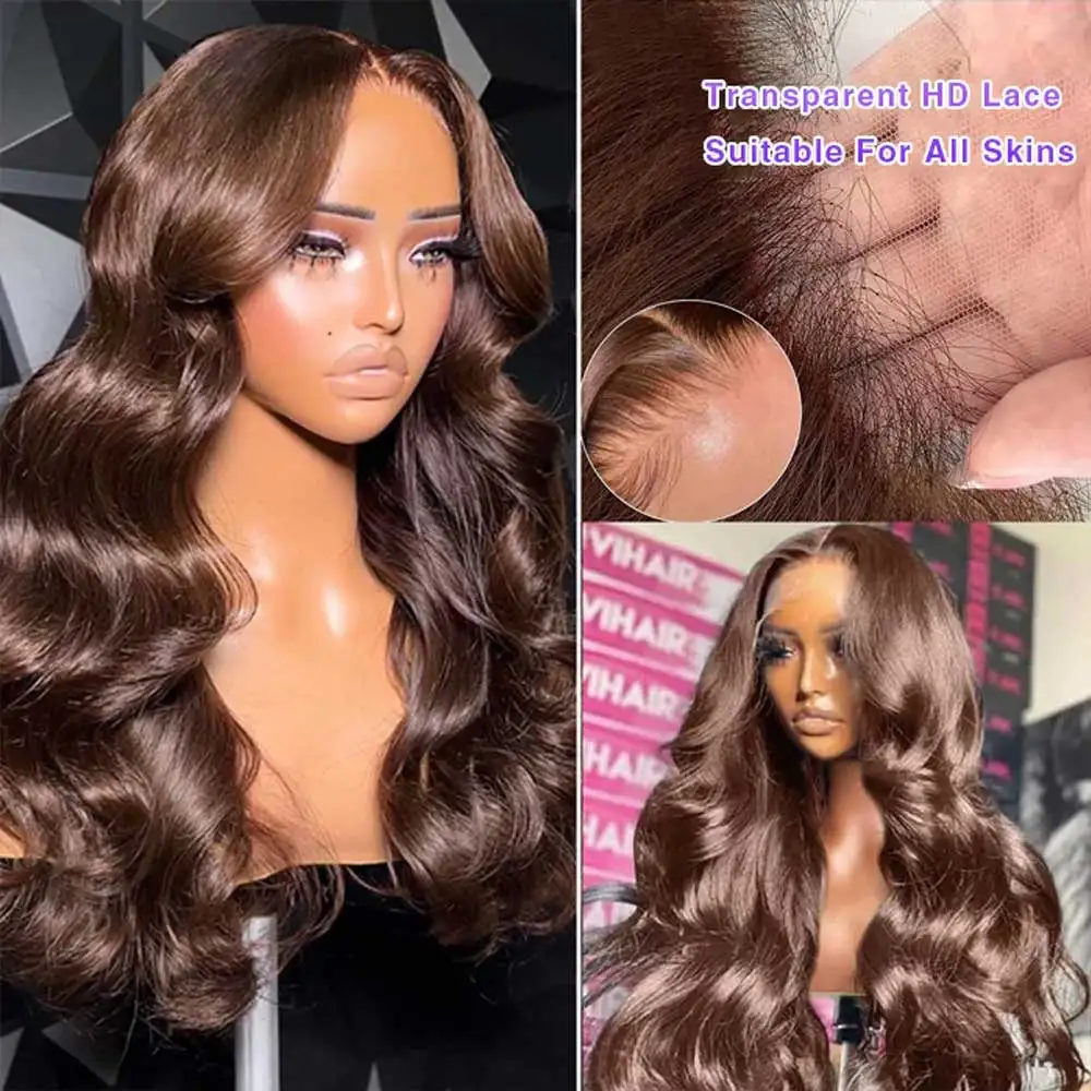 30 40 Inch Chocolate Brown Body Wave Human Hair Wigs 13X4 HD Lace Frontal WIgs For Women Colored Wet And Wavy Lace Front Wig thumbnail 3