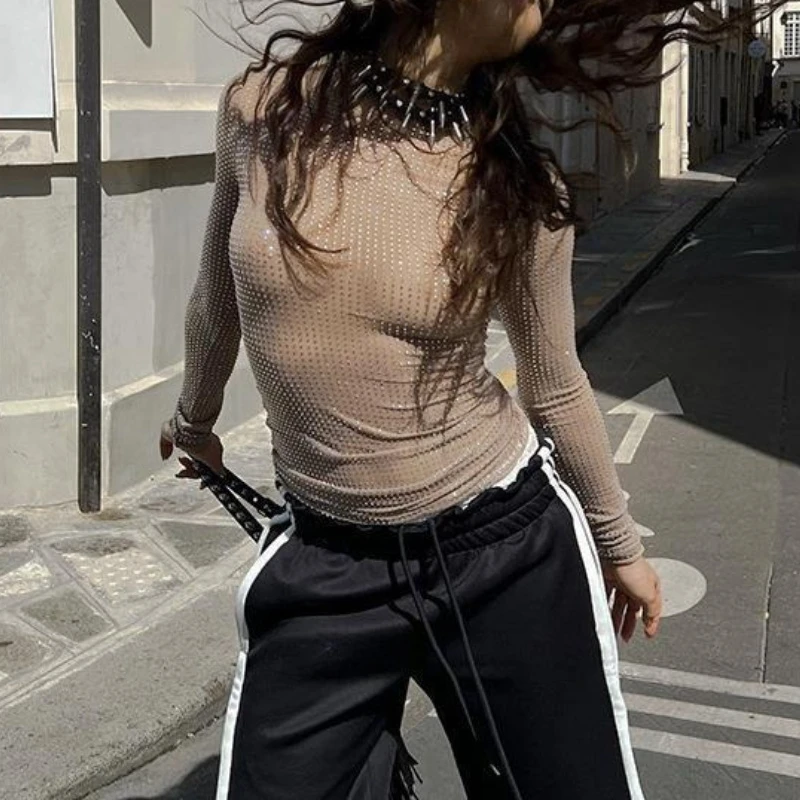 2026 Autumn T Shirt Women O-neck Slim Fashion European and American Style Sexy Perspective Long Sleeve Tees Tops Woman Clothes thumbnail 5