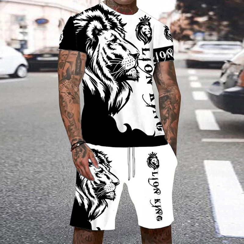 Tiger 3D Print Sport Moisture-wicking Breathable Men Round-neck T-shirt Shorts Outdoor Fitness Running Casual Street Fashion Set thumbnail 5