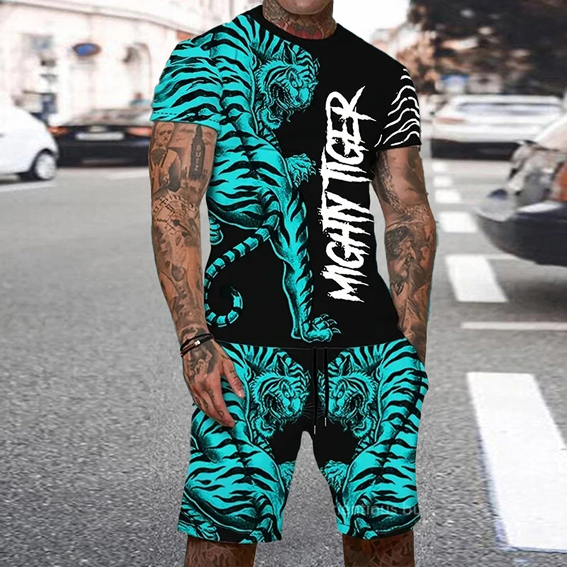 Tiger 3D Print Sport Moisture-wicking Breathable Men Round-neck T-shirt Shorts Outdoor Fitness Running Casual Street Fashion Set thumbnail 4