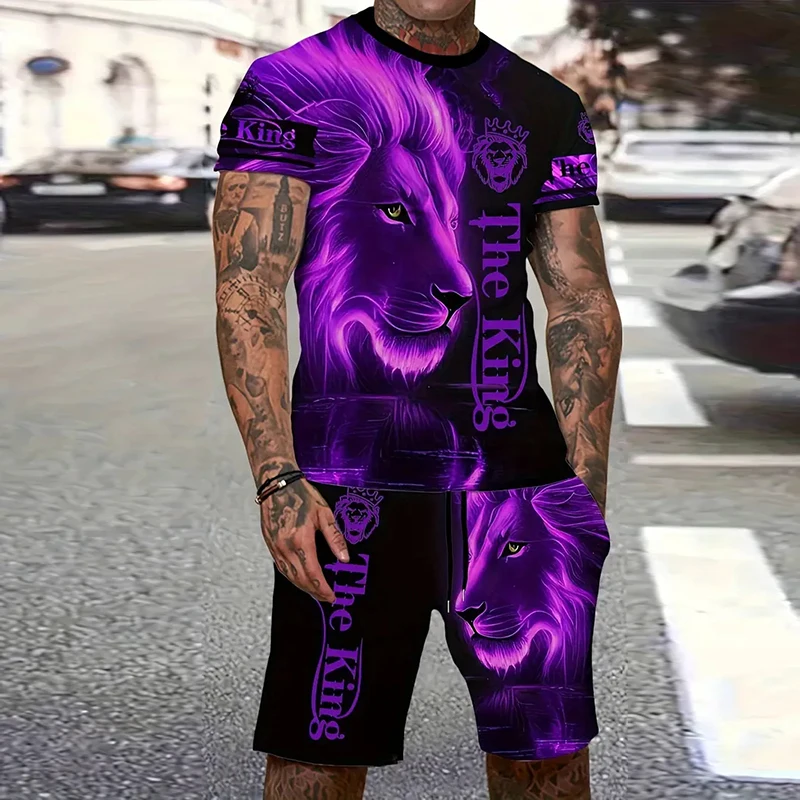 Tiger 3D Print Sport Moisture-wicking Breathable Men Round-neck T-shirt Shorts Outdoor Fitness Running Casual Street Fashion Set thumbnail 2