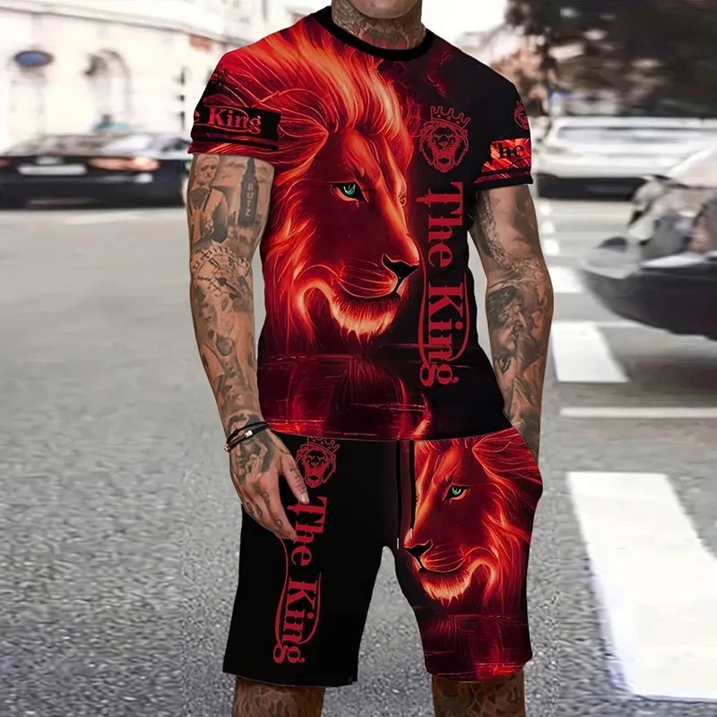 Tiger 3D Print Sport Moisture-wicking Breathable Men Round-neck T-shirt Shorts Outdoor Fitness Running Casual Street Fashion Set thumbnail 3