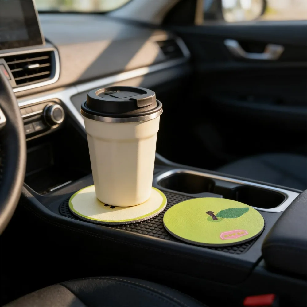 2pcs Cute Fruit Coaster Car Water Cup Slot PU Anti Slip Pad Universal Auto Interior Accessories Waterproof Fruit Print Drink Mat thumbnail 3