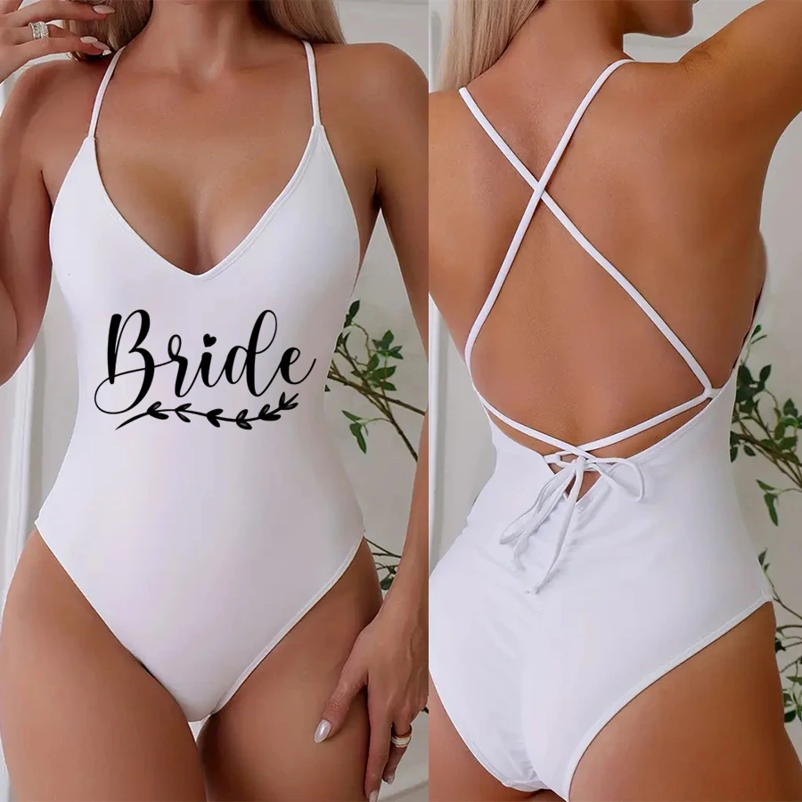 Sexy Padded Team Bride One Piece Swimsuit Bride Swimwear Heart Bathing Suit Higt Cut Cross Back Beachwear Bodysuit thumbnail 6