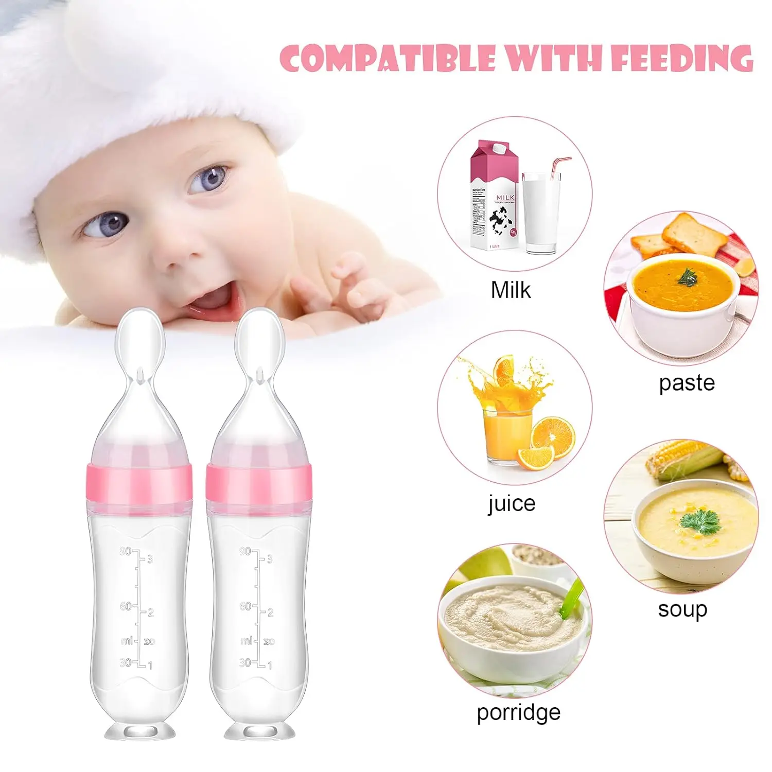 1/2Pcs Baby Food Feeding Spoons Silicone Feeding Bottle with Spoon Suction Cup 90ml Newborn Food Rice Cereal Spoon Tableware thumbnail 6