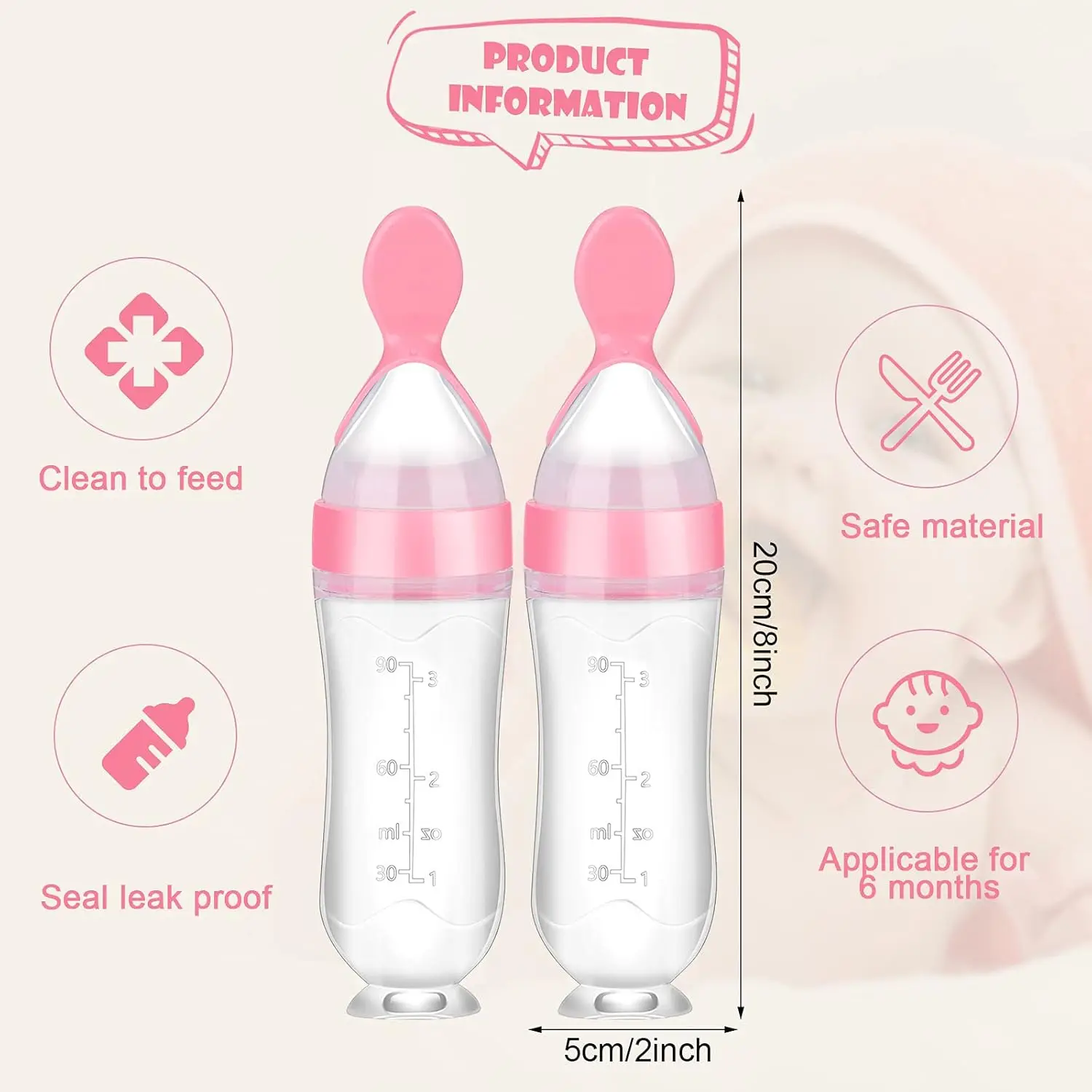 1/2Pcs Baby Food Feeding Spoons Silicone Feeding Bottle with Spoon Suction Cup 90ml Newborn Food Rice Cereal Spoon Tableware thumbnail 3