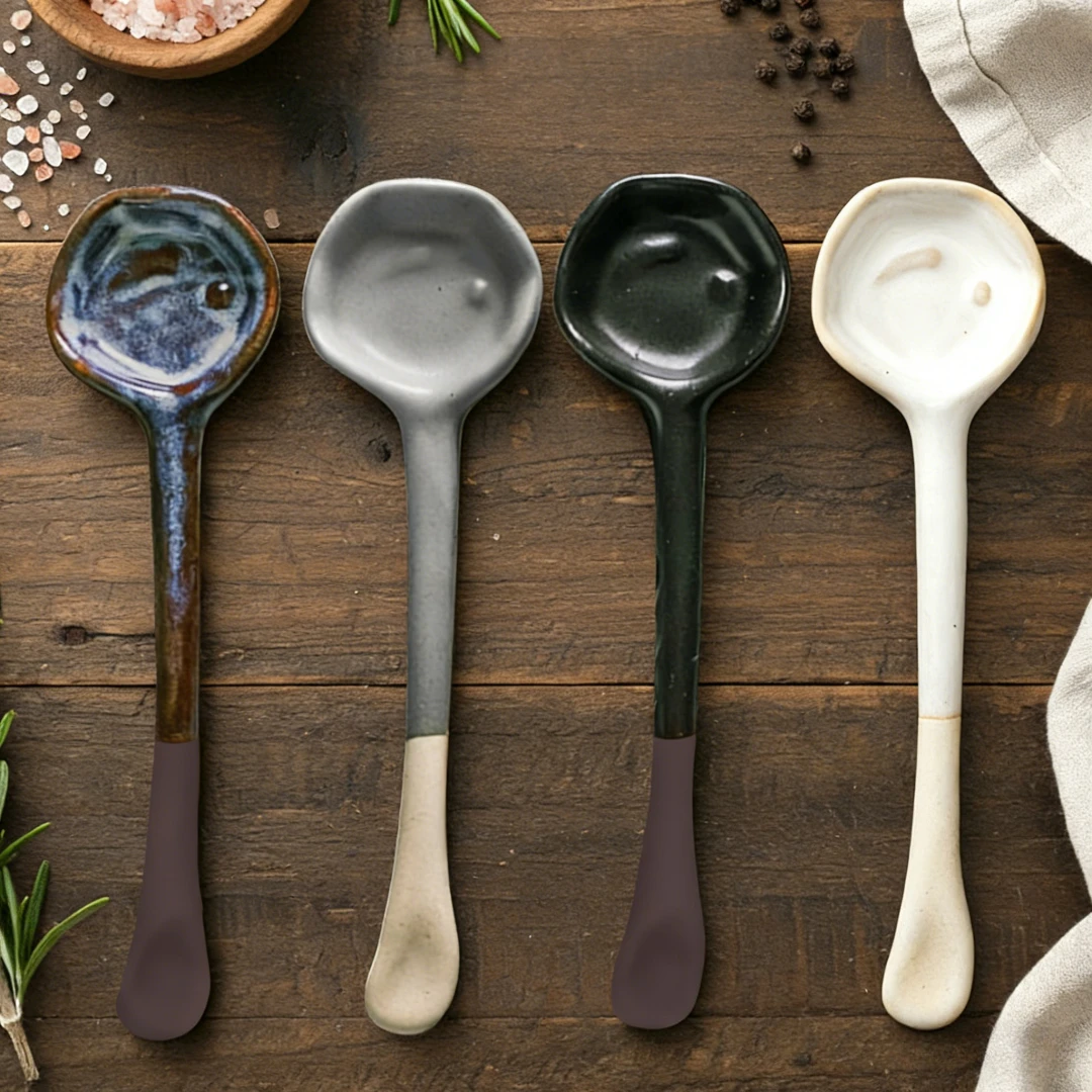 Ceramic Retro Porcelain Spoon, Coffee Scoop, Handmade Long-Handle Coffee Scoop, Chinese Ceramic Large Spoon