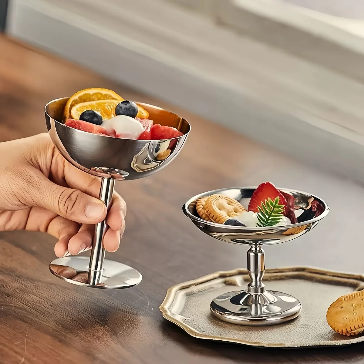 2pcs Heavy Duty Stainless Steel Dessert Cups and Bowls - Suitable for Ice Cream, Mousse, Fruit Salads, Pies, Cakes