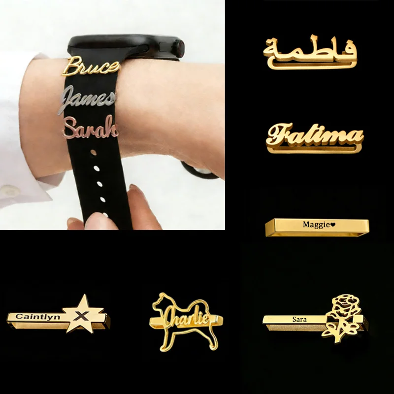 Auxauxme Custom Name Watch Band For Apple Watch Stainless Steel Personalized Names Band Bar Charm Decorative Loop for Watch Gift