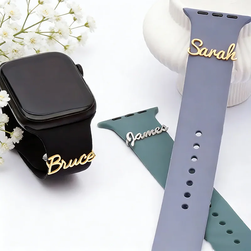 Auxauxme Custom Name Watch Band For Apple Watch Stainless Steel Personalized Names Band Bar Charm Decorative Loop for Watch Gift thumbnail 2