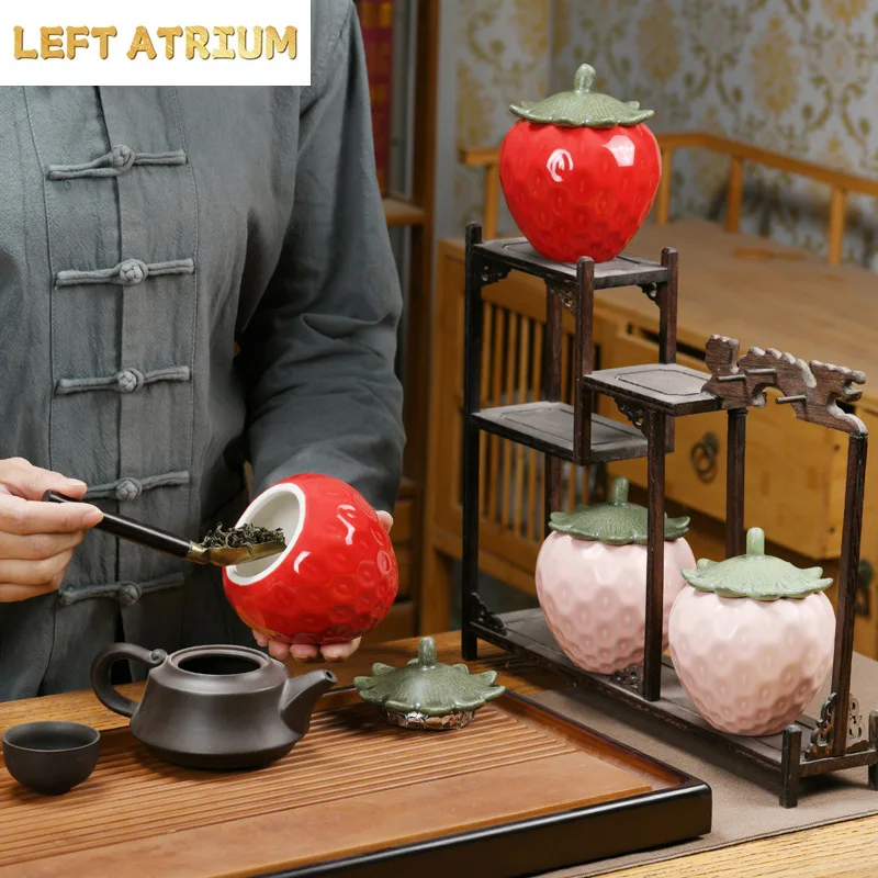 Simulation of Ceramic Strawberry Tea Jar with Lid Storage Jar Moisture-proof Jar Sealed Pot Living Room Coffee Table Decoration