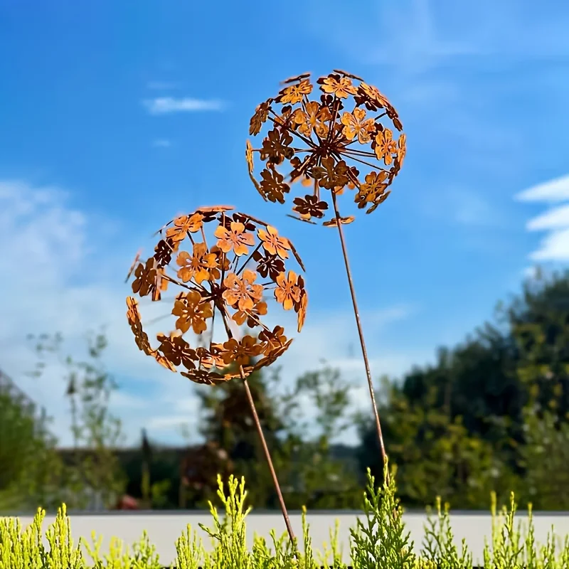 1set Vintage Dandelion Garden Sculptures, 3D Sphere Flower Stakes for Gardening,Rustic Metal Plant Art with Manual Petal Opening