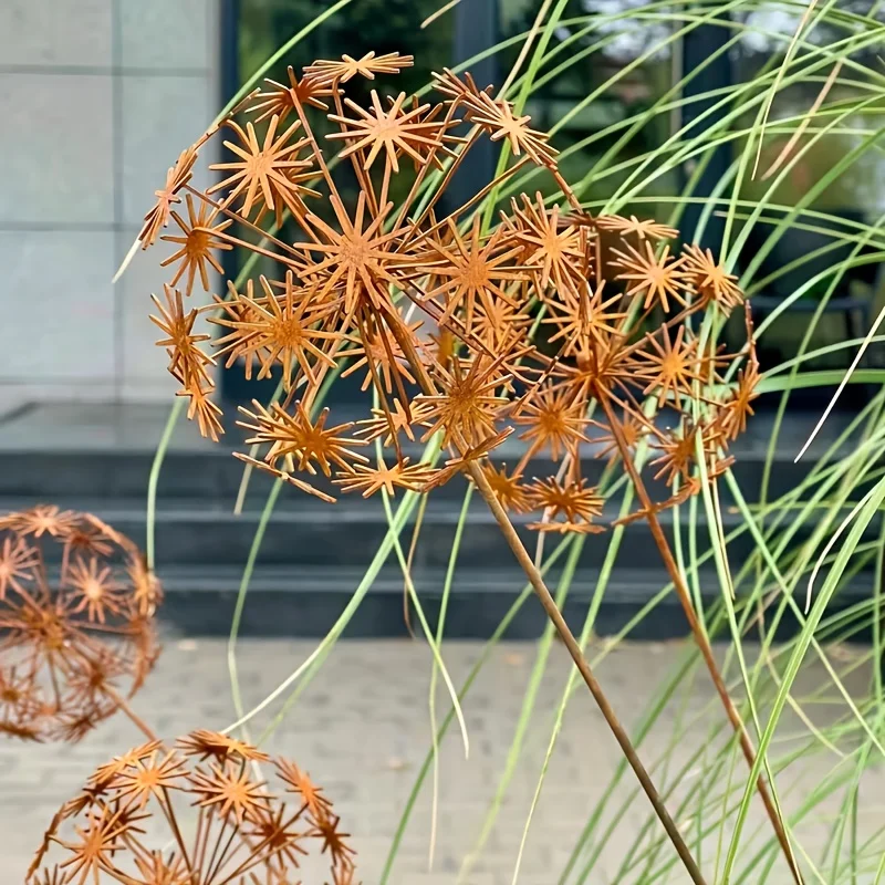 1set Vintage Dandelion Garden Sculptures, 3D Sphere Flower Stakes for Gardening,Rustic Metal Plant Art with Manual Petal Opening thumbnail 5
