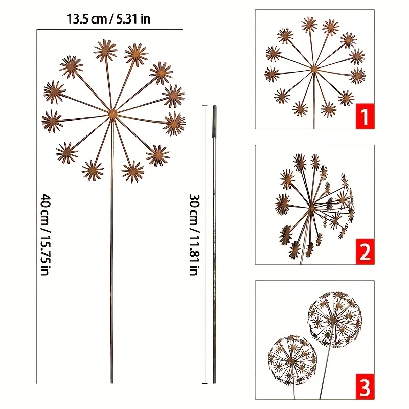 1set Vintage Dandelion Garden Sculptures, 3D Sphere Flower Stakes for Gardening,Rustic Metal Plant Art with Manual Petal Opening thumbnail 3