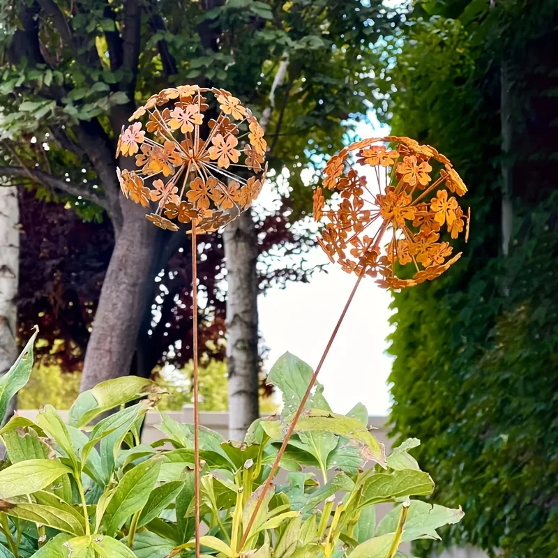 1set Vintage Dandelion Garden Sculptures, 3D Sphere Flower Stakes for Gardening,Rustic Metal Plant Art with Manual Petal Opening thumbnail 4