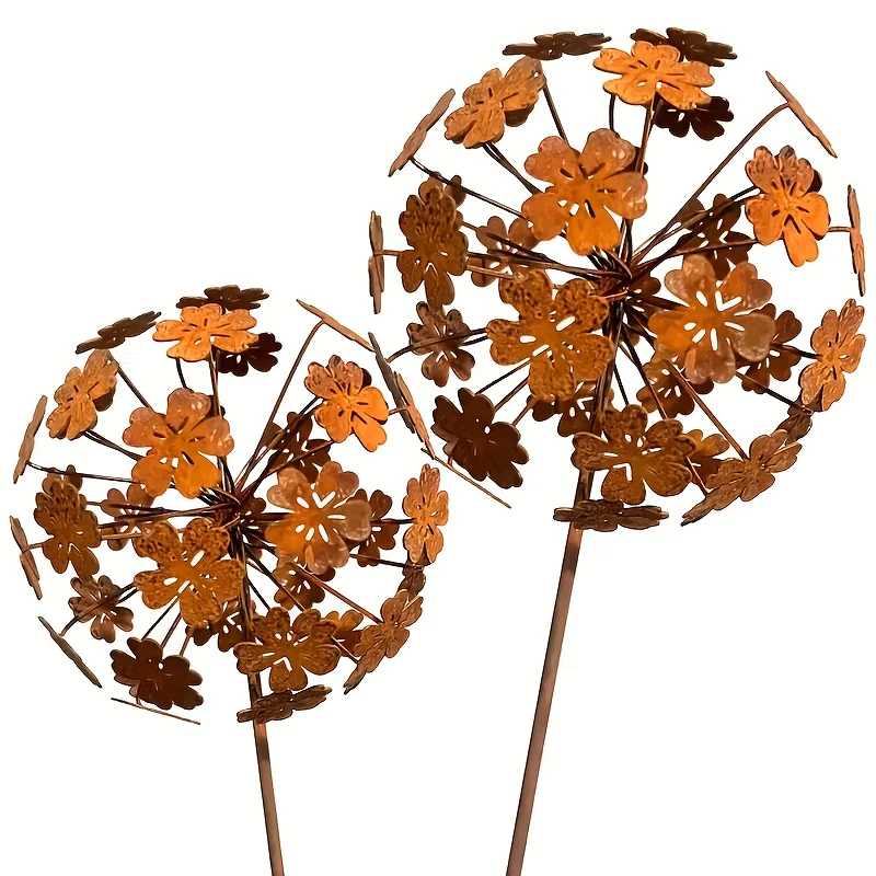 1set Vintage Dandelion Garden Sculptures, 3D Sphere Flower Stakes for Gardening,Rustic Metal Plant Art with Manual Petal Opening thumbnail 2