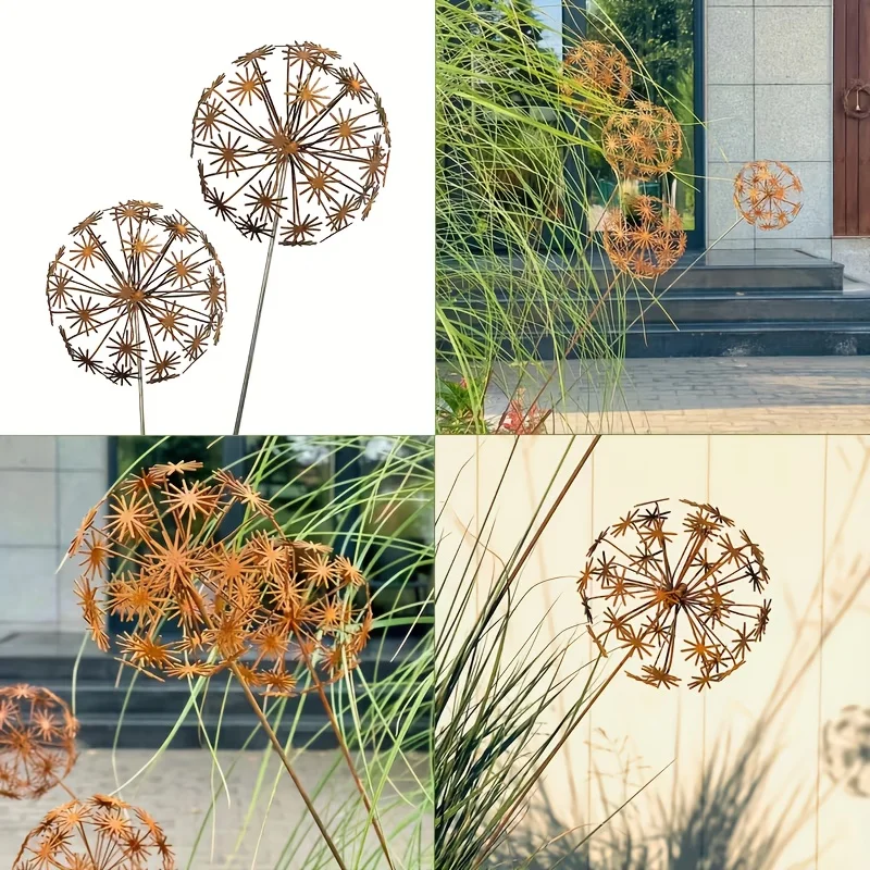 1set Vintage Dandelion Garden Sculptures, 3D Sphere Flower Stakes for Gardening,Rustic Metal Plant Art with Manual Petal Opening thumbnail 6