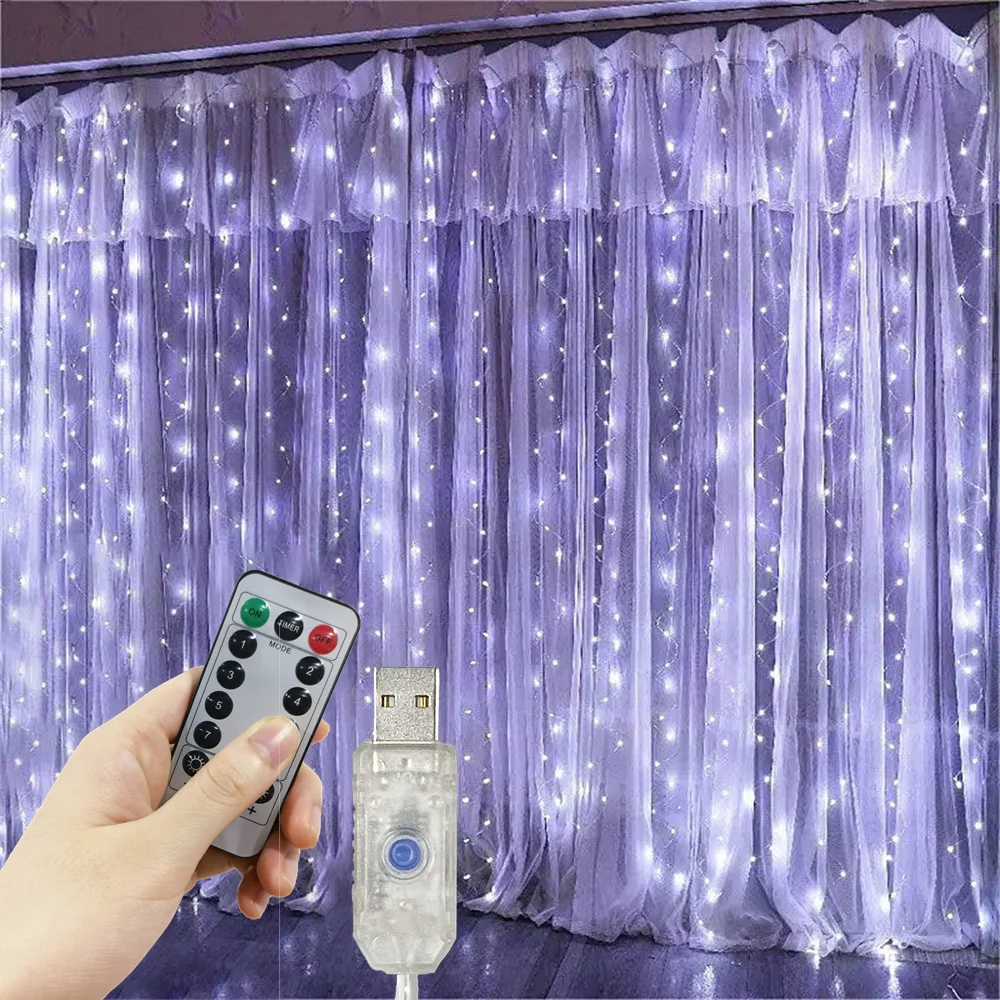8 Modes LED Curtain Fairy Light USB Plug Wedding Garland Valentine's Day Ramadan EID Mubarak Decoration for Home Curtain Lights thumbnail 3