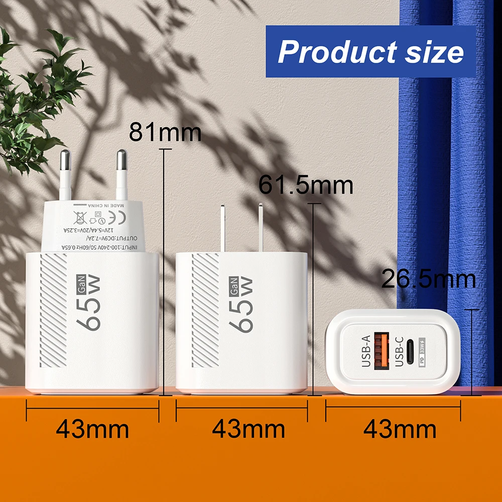 65W USB-C Charger GaN Fast Charging PD Type C Cable Mobile Phone Adapter Travel Wall Charger EU/US Plug For iPhone Xiaomi Huawei thumbnail 5