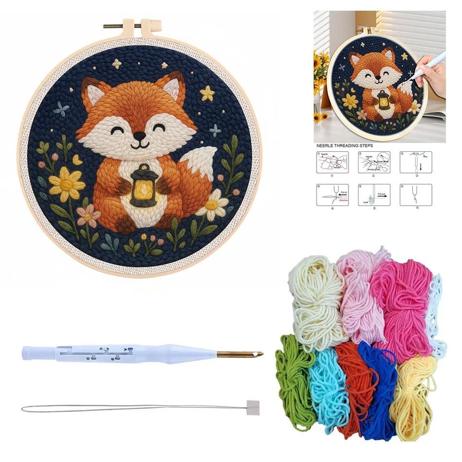 CHENISTORY punch needle embroidery set kit Cute Animal Picture Embroidery frame Cross stitch kits fox crafts for adults Diy Gift thumbnail 2