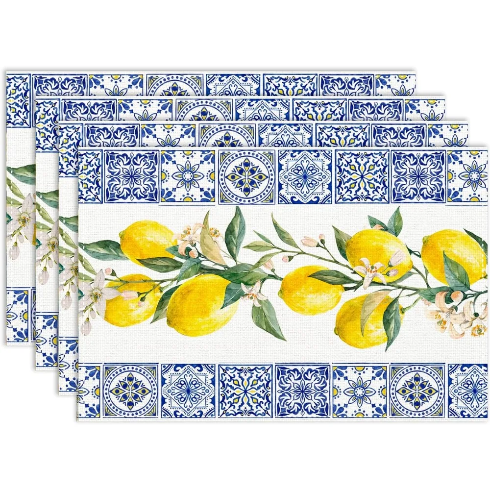 Lemon Tiles Placemat Spring Summer Yellow Lemon Blue Ceramic Leaves Farmhouse Table Mats for Party Kitchen Dining Table thumbnail 5