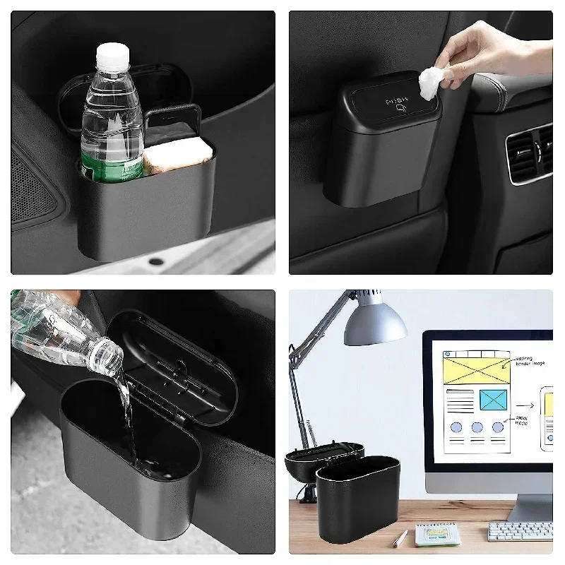 Universal Car Clamshell Trash Bin Hanging Vehicle Garbage Dust Case Storage Box Black Square Pressing Trash Can Accessories thumbnail 2