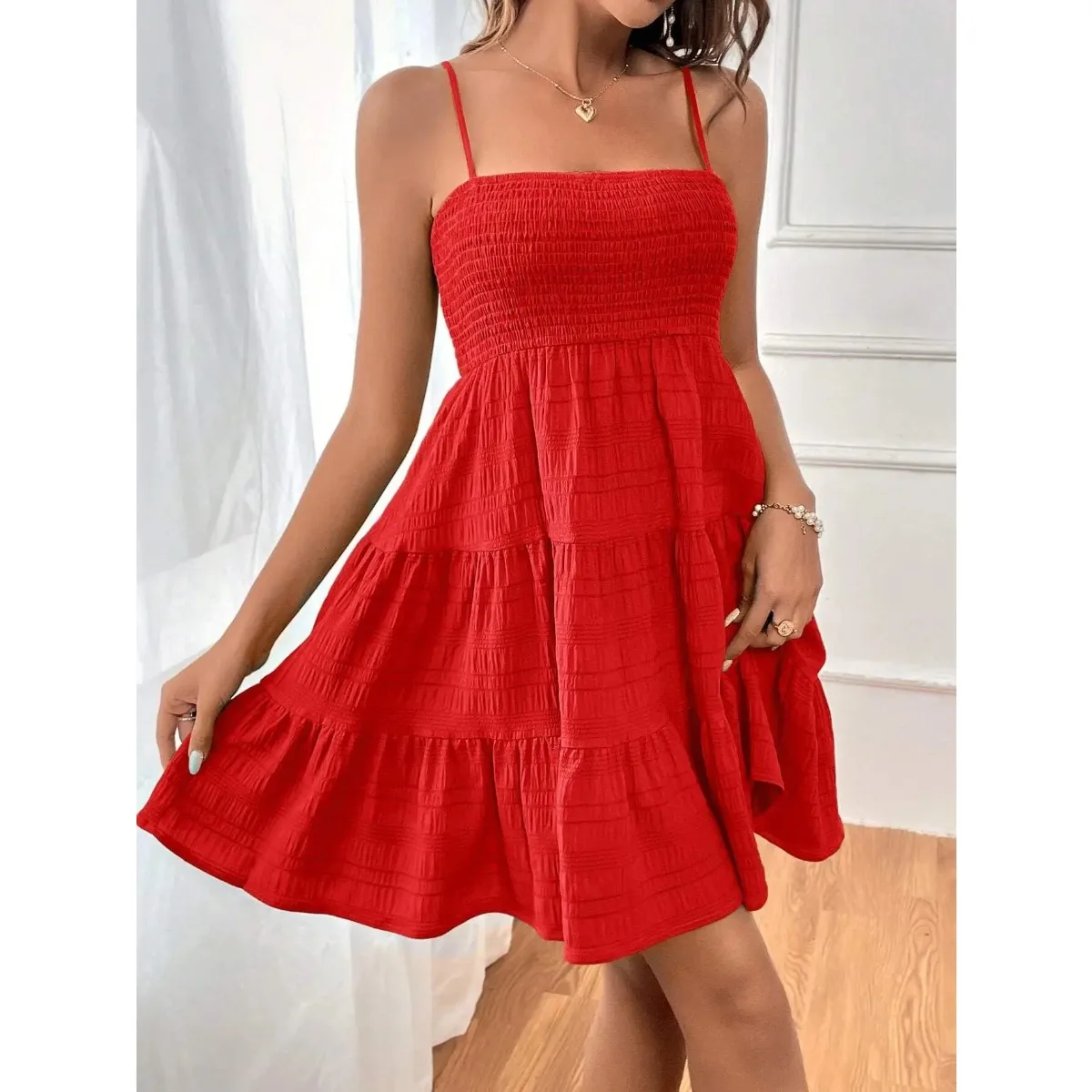 Women's Fashion Spaghetti Strap Smocked Bustier Mini Dress Blue Ruffled Tiered Swing Dress Summer Casual Vacation Beach Wear thumbnail 5