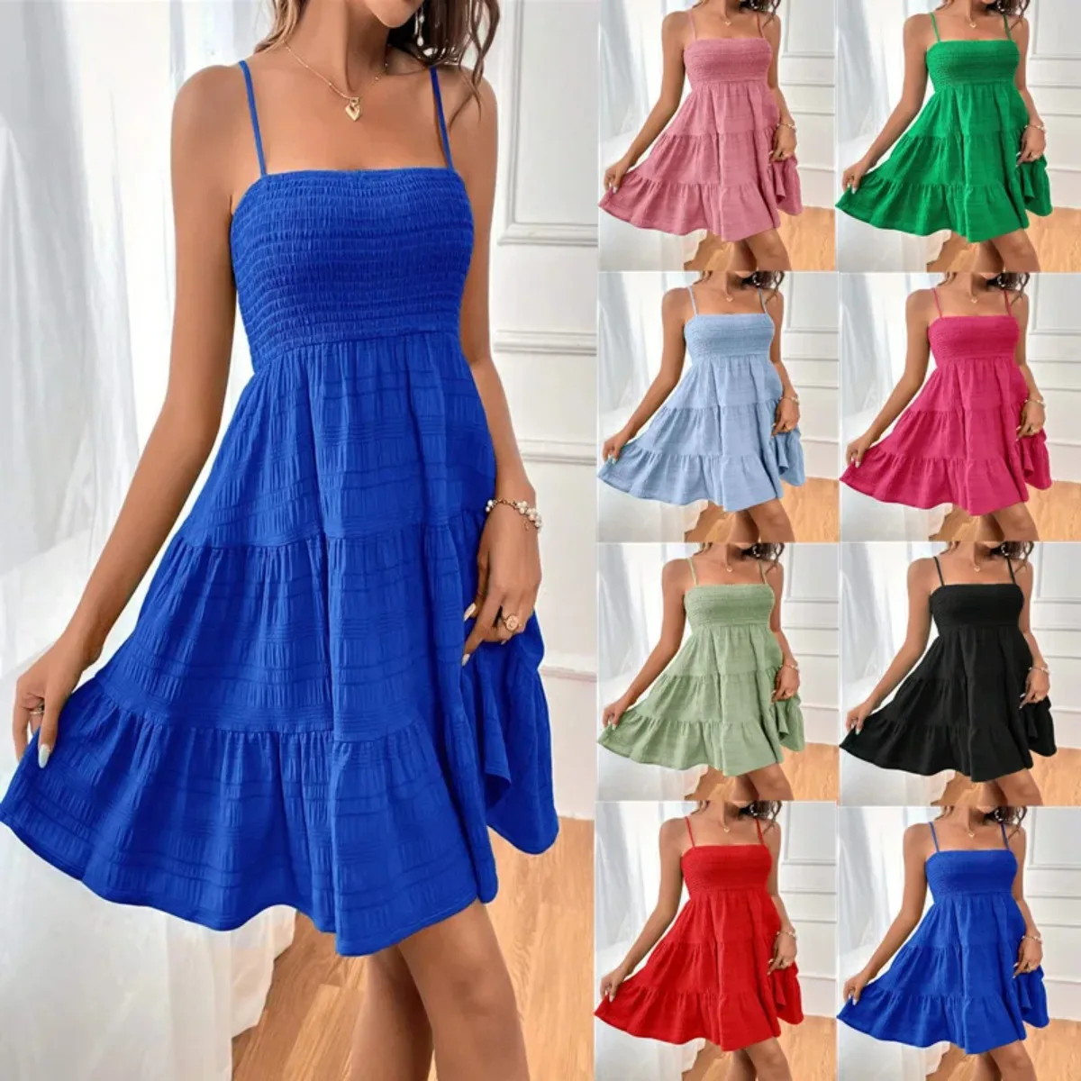 Women's Fashion Spaghetti Strap Smocked Bustier Mini Dress Blue Ruffled Tiered Swing Dress Summer Casual Vacation Beach Wear thumbnail 2