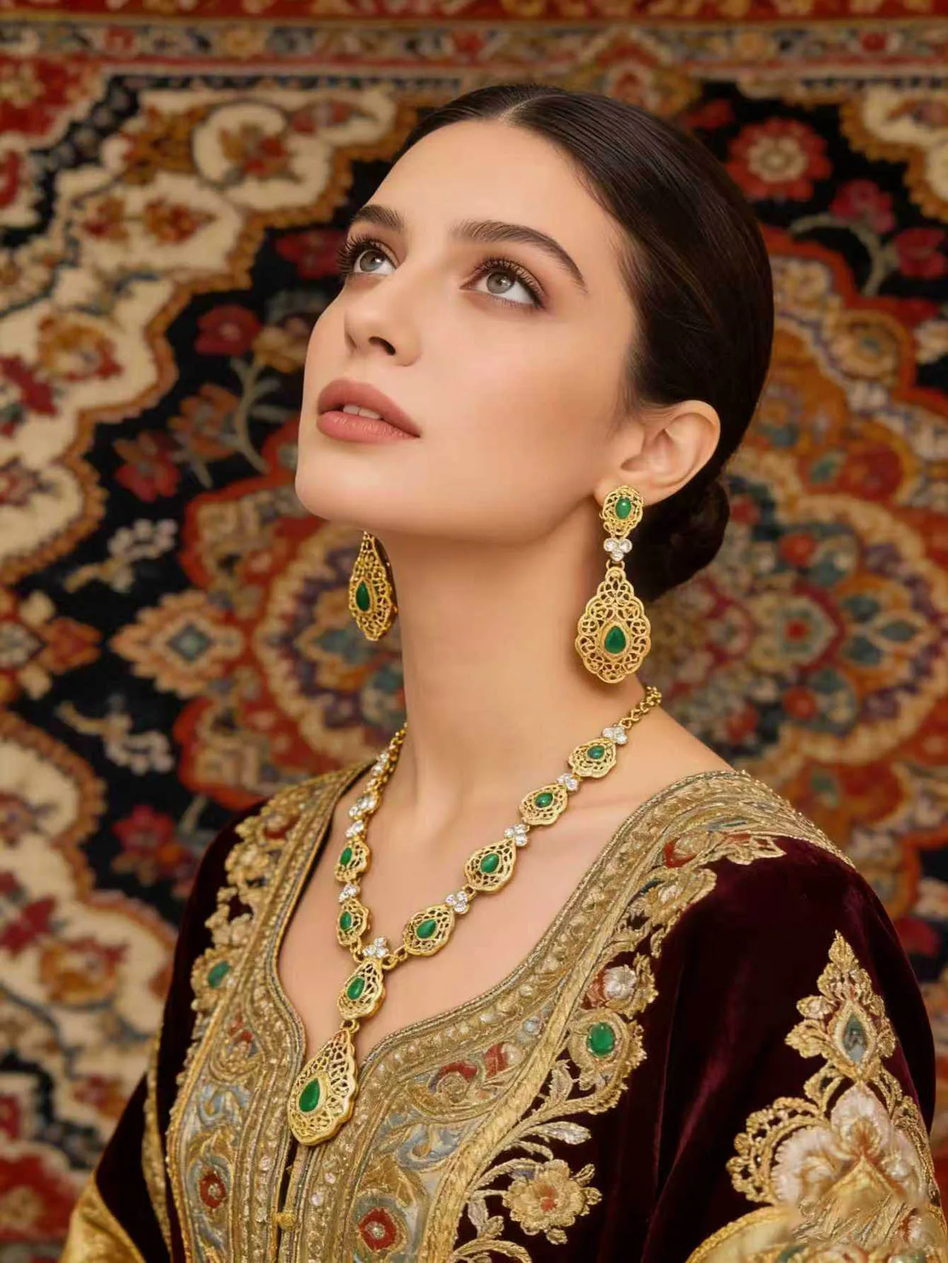 Middle Eastern Luxury Vintage 2-Piece Necklace Earrings Set Hollow-Out Design Bridal Wedding Party Festival Must-Have Gift thumbnail 2