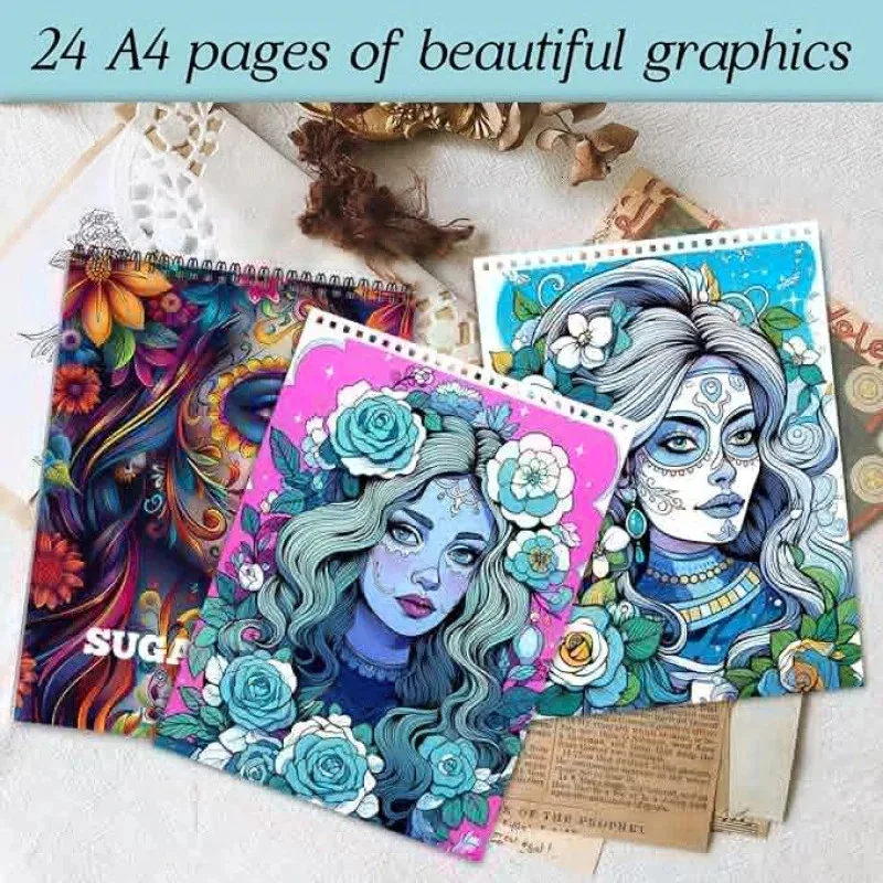 Adult Women's Relaxation Spiral-Bound Single-Sided Coloring Book: 24 Pages of Arts, Crafts & Skull Designs thumbnail 4