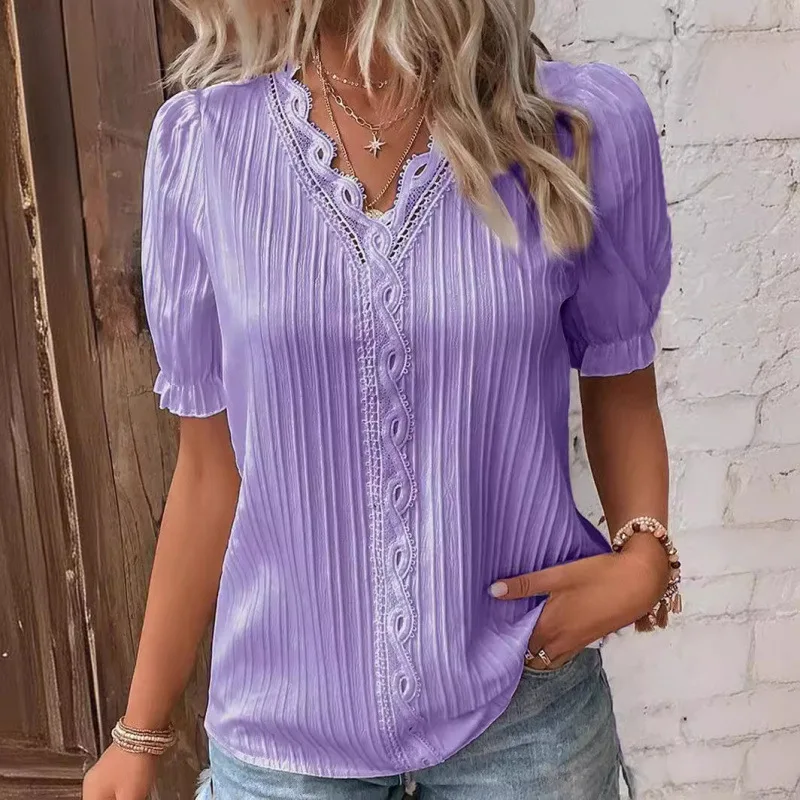 Women's Lace Stitching Shirt Summer Loose V Neck Short Sleeve Pullover Chiffon Shirt Solid Top Simple Elegant Street Blouse thumbnail 2