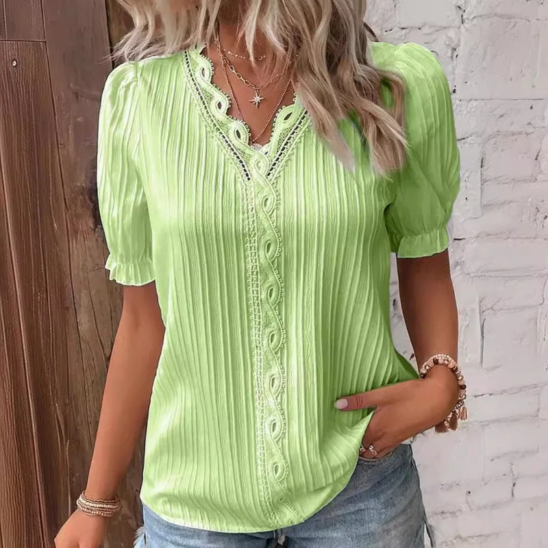 Women's Lace Stitching Shirt Summer Loose V Neck Short Sleeve Pullover Chiffon Shirt Solid Top Simple Elegant Street Blouse thumbnail 3