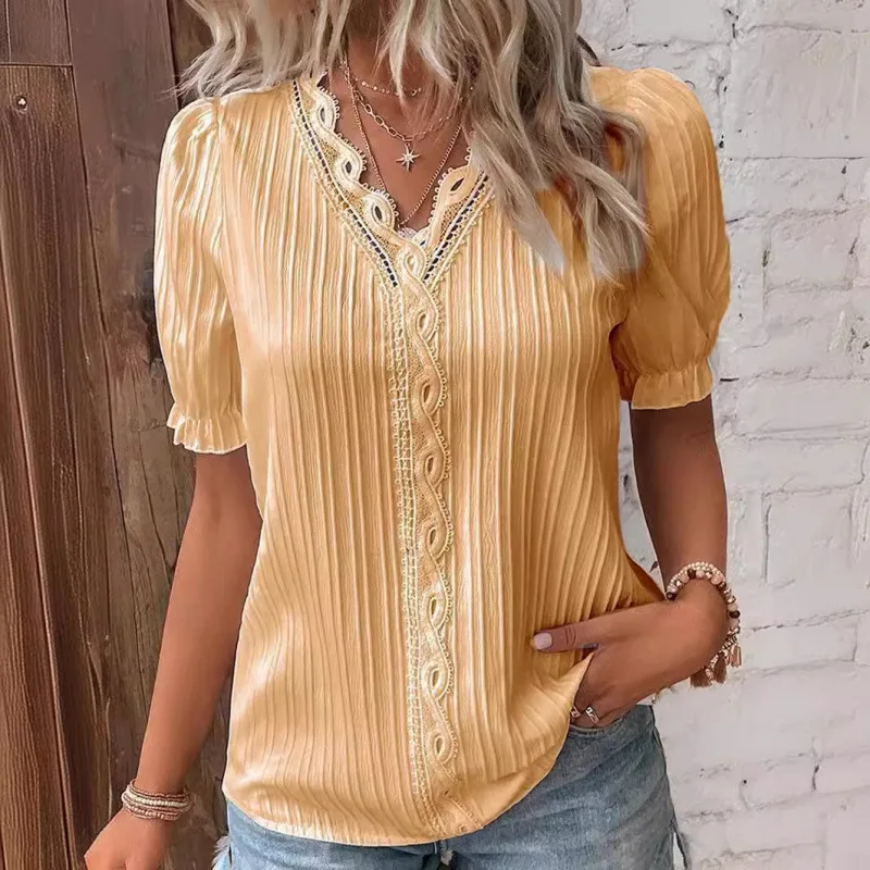 Women's Lace Stitching Shirt Summer Loose V Neck Short Sleeve Pullover Chiffon Shirt Solid Top Simple Elegant Street Blouse thumbnail 4