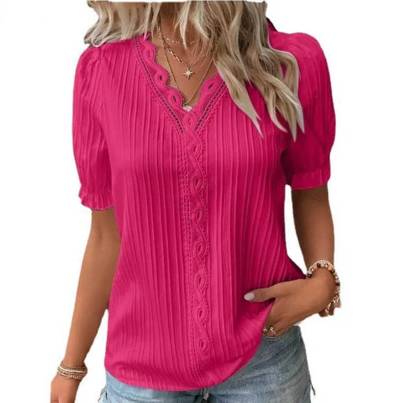 Women's Lace Stitching Shirt Summer Loose V Neck Short Sleeve Pullover Chiffon Shirt Solid Top Simple Elegant Street Blouse thumbnail 6
