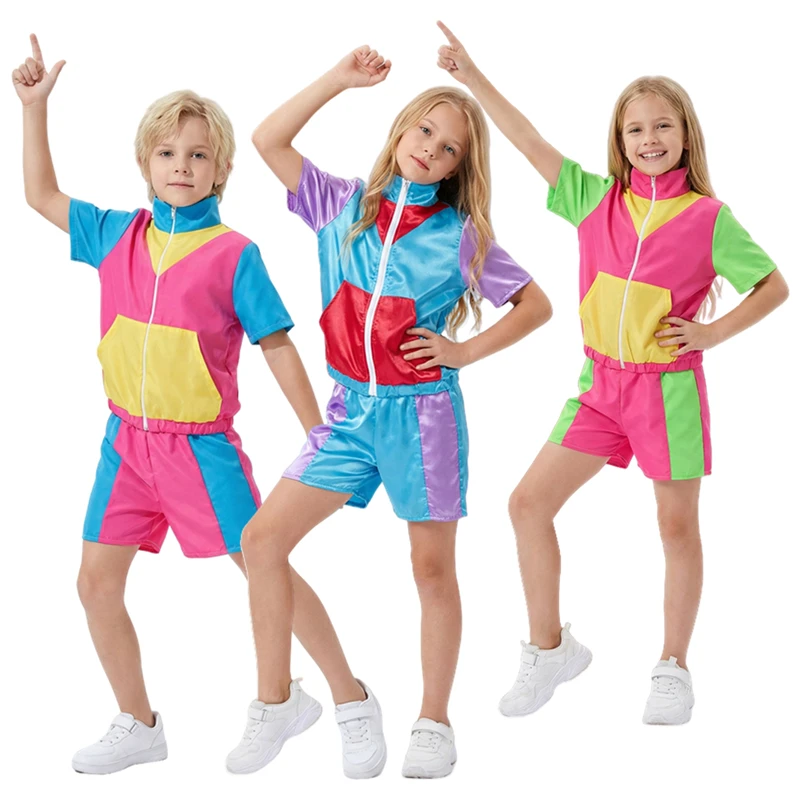 80s 90s Kids Disco Costumes Hip Hop Street Dance Leotards School Sports Short-Sleeve Shorts Pop Dance Festival Performance Wear