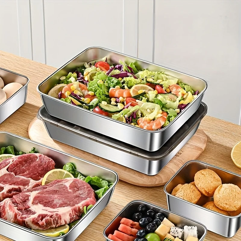 2pcs Stainless Steel Food Storage Container Rectangle Dish with Cover Noodles Fruit Tray Lunch Box Thick Refrigerator Plate thumbnail 3