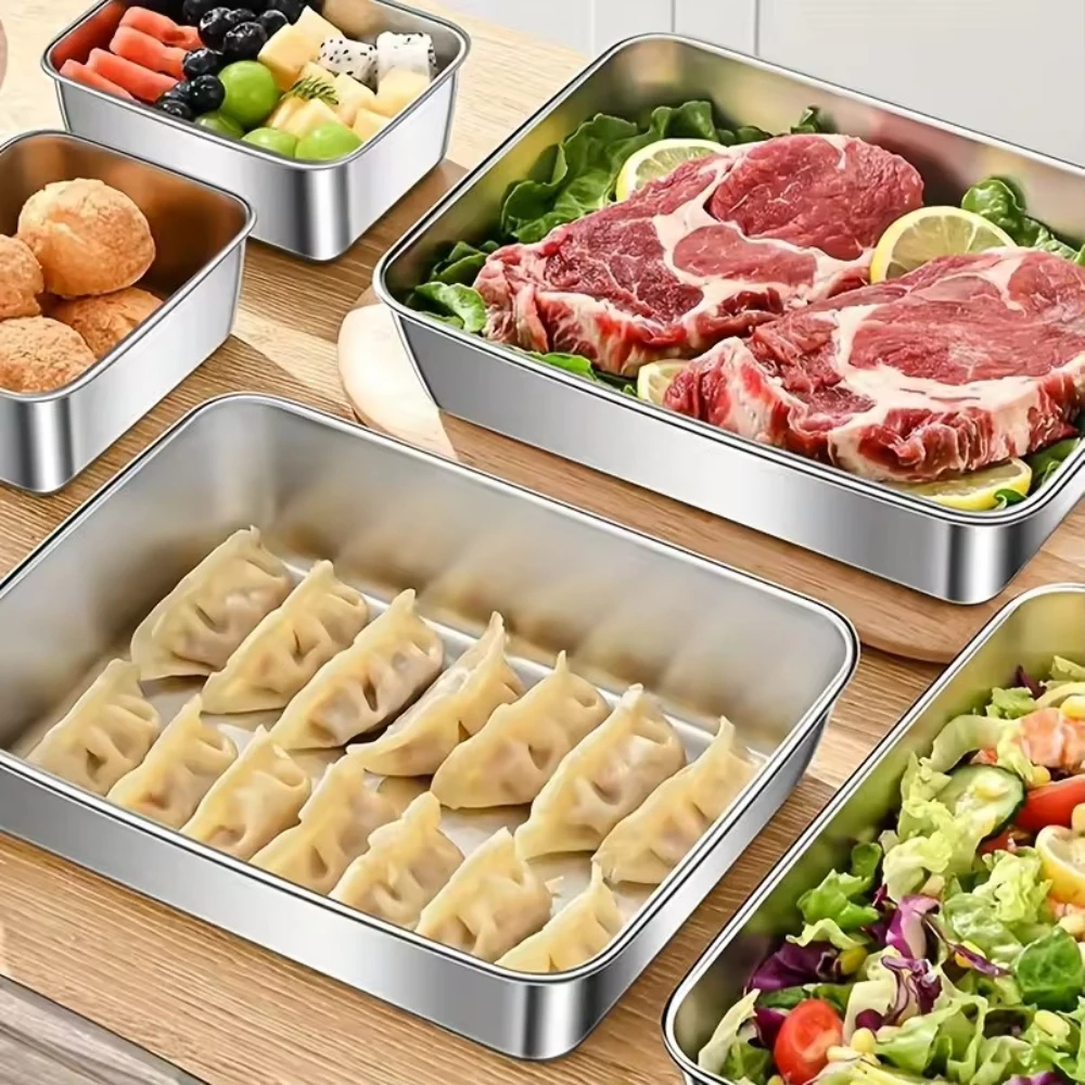 2pcs Stainless Steel Food Storage Container Rectangle Dish with Cover Noodles Fruit Tray Lunch Box Thick Refrigerator Plate thumbnail 2