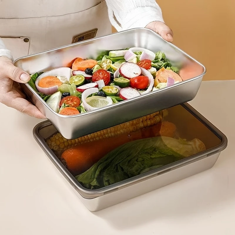 2pcs Stainless Steel Food Storage Container Rectangle Dish with Cover Noodles Fruit Tray Lunch Box Thick Refrigerator Plate thumbnail 6
