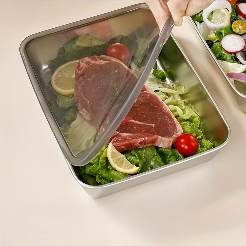 2pcs Stainless Steel Food Storage Container Rectangle Dish with Cover Noodles Fruit Tray Lunch Box Thick Refrigerator Plate thumbnail 5