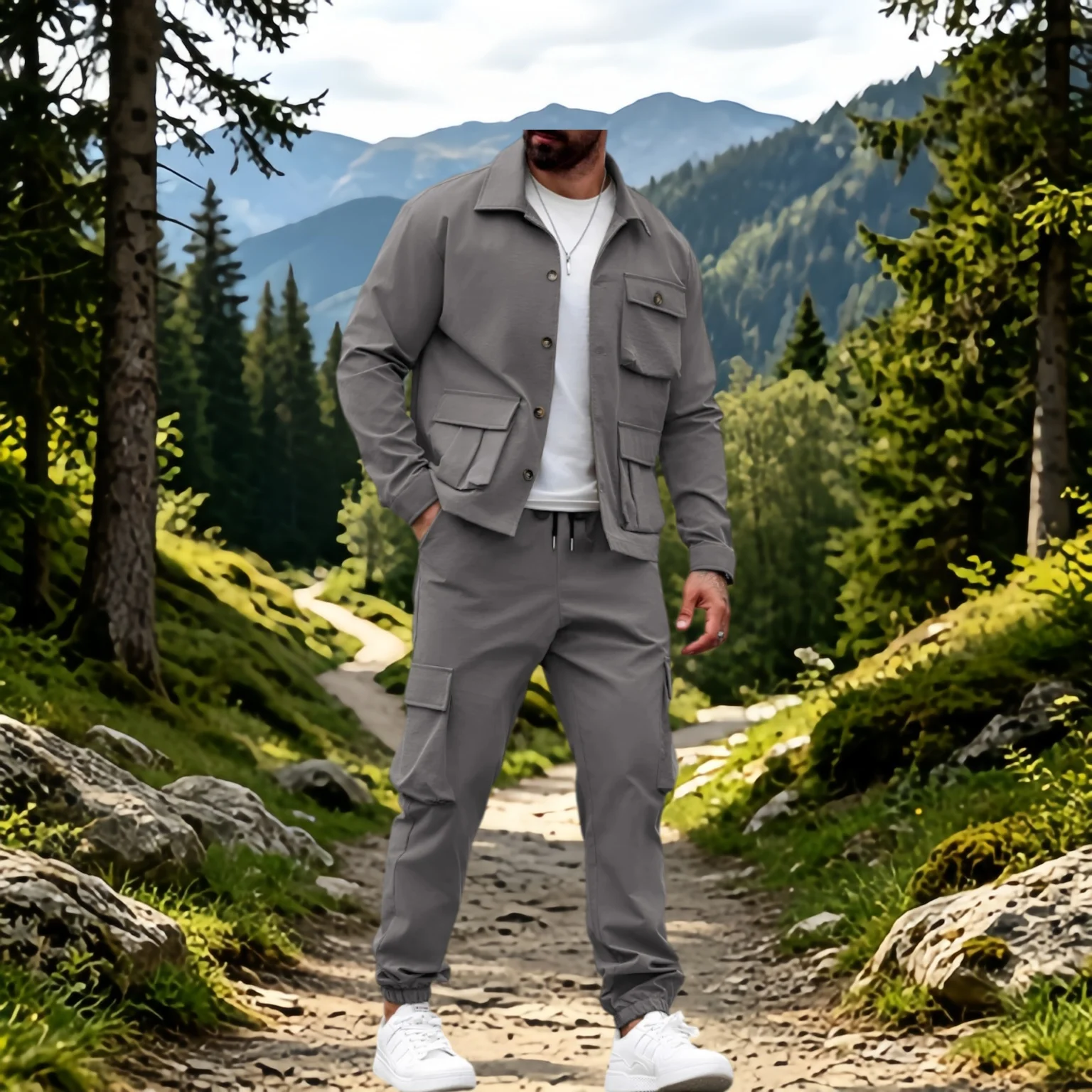 Spring/Summer new men's outdoor camping all-purpose set, featuring relaxed multi-pocket design with a retro style.