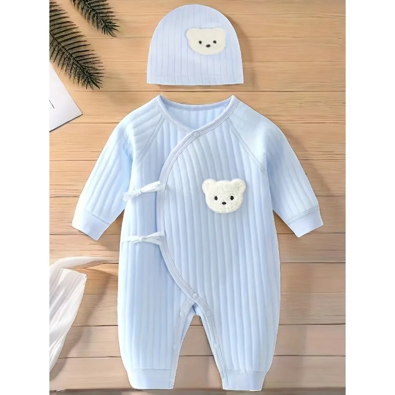 All Seasons Cute Infant Newborn Baby Romper Baby Boy Girl Cartoon Bear Cotton Jumpsuit with Hat thumbnail 3